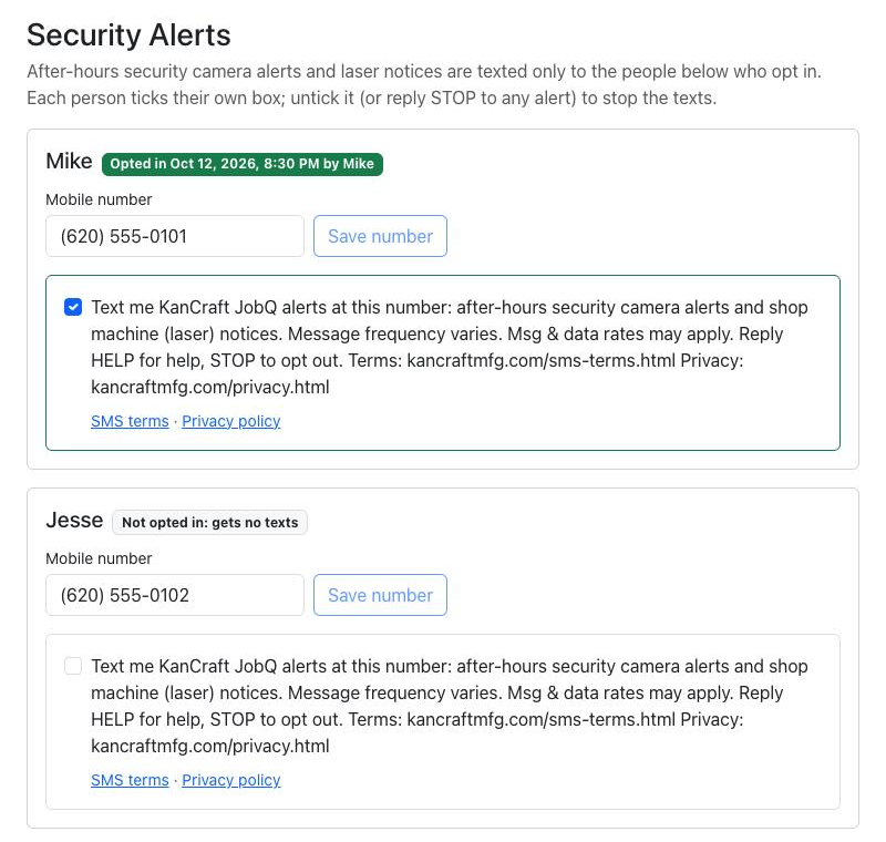 JobQ's Security Alerts screen: each owner's mobile number and a consent checkbox with the alert terms.